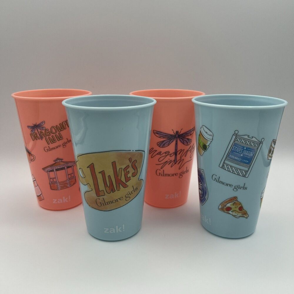 Zak - Gilmore Girls 4 Pack Cups Blue 16.5oz no lids Luke's Dragonfly Inn